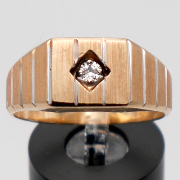 14k Men’s Ring Diamond Solitaire Striped SOLID Yellow Gold YG karat vintage